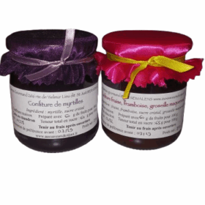 DUO : CONFITURE DE MYRTILLE ET CONFITURE FRAISE FRAMBOISE GROSEILLE MAQUEREAU